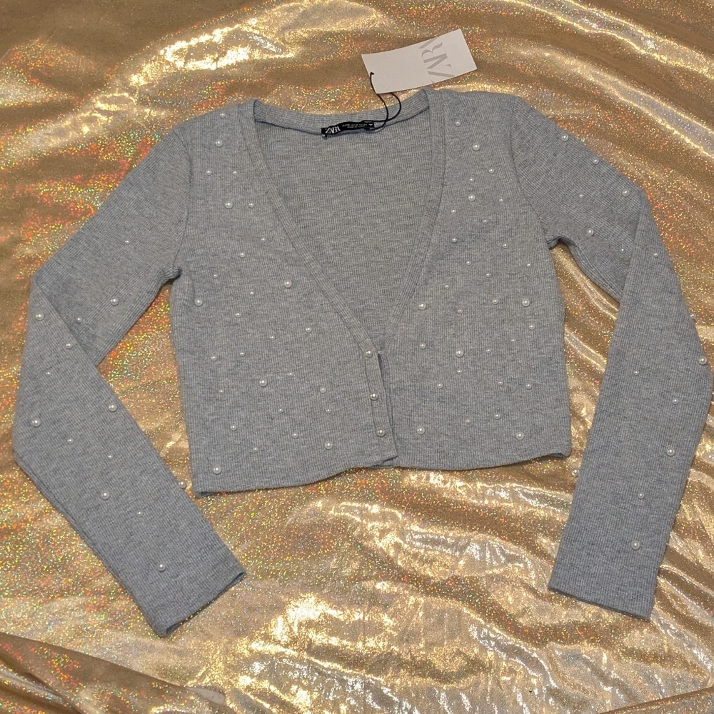 ZARA Gray Cardigan With Pearls NWT